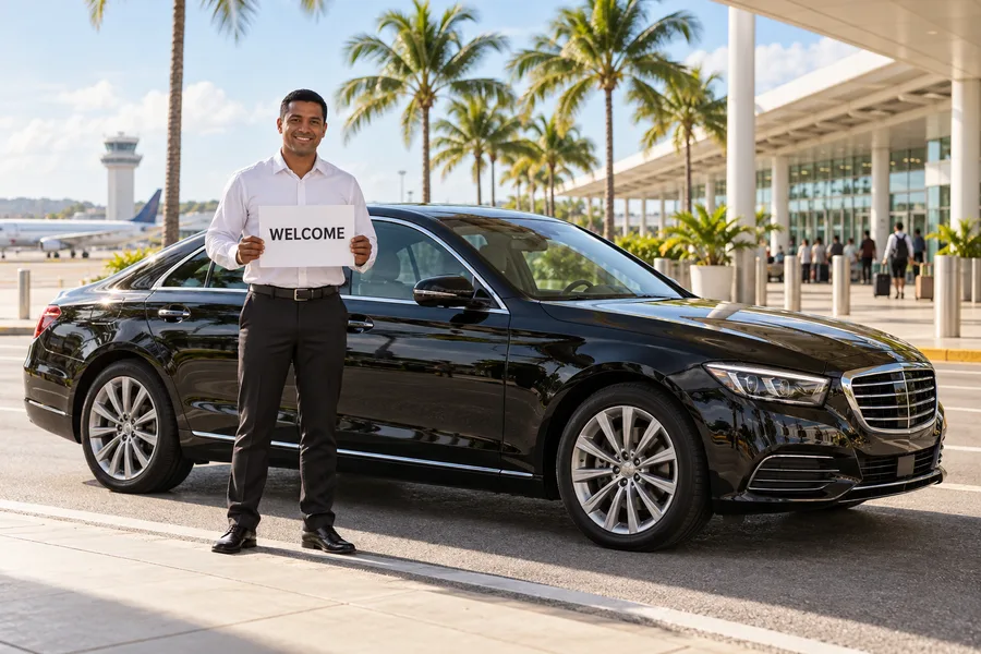 Driver holding a welcome name card beside a black private car at an airport